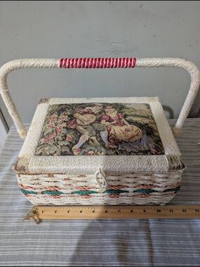 Vintage Mid-Century Tapestry Woven Sewing Basket | Pastoral Romance Scene